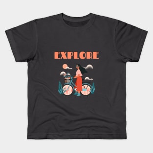 Explore - Woman on Bicycle Kids T-Shirt